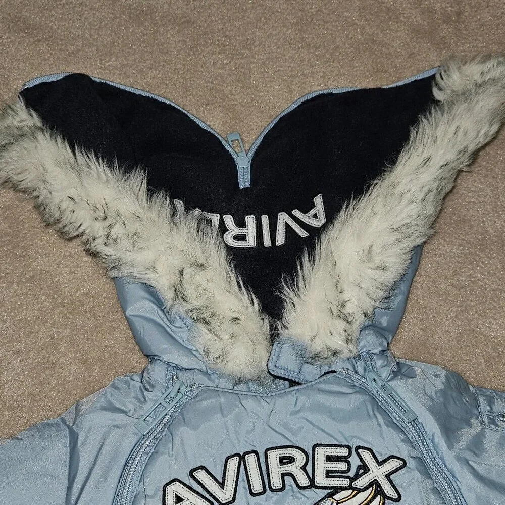 Avirex Blue Snowsuit Hooded Fleece Lined Attached Mittens Baby 3-6 Months
